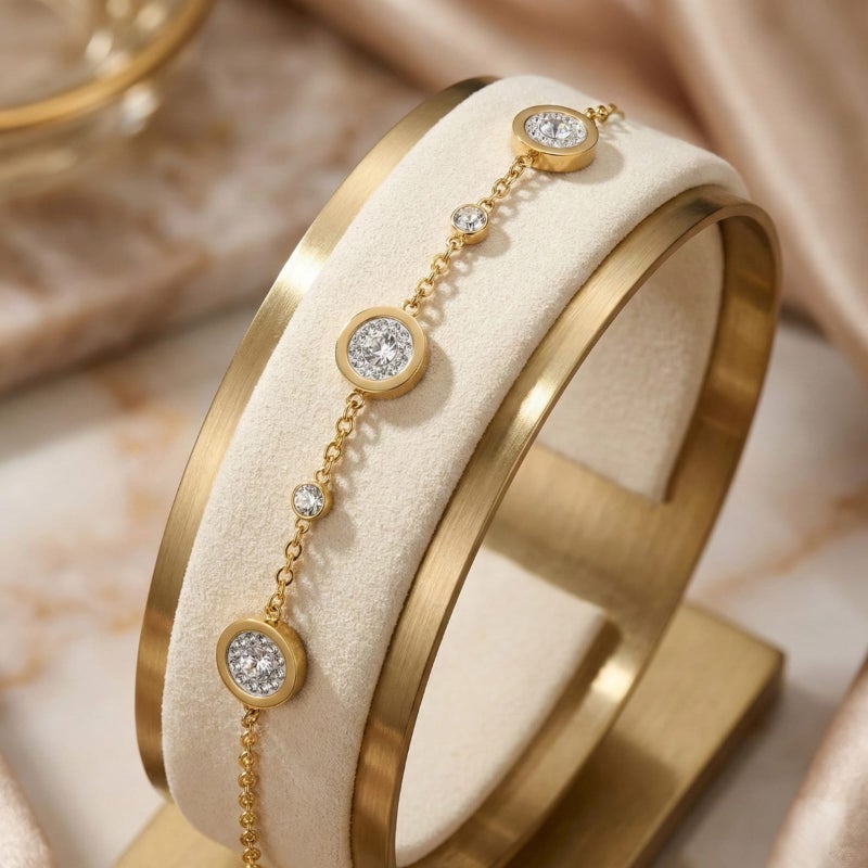 An elegant gold bracelet, made of rust-resistant stainless steel, with a design of circles and sparkling zircon stones that suit your wrist! Unparalleled elegance, with an adjustable clasp to fit you. - Image 5